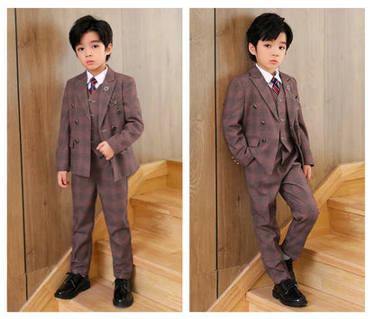 Boys’ 3-Piece Plaid Suit – Blazer, Vest & Pants (1–14Y)