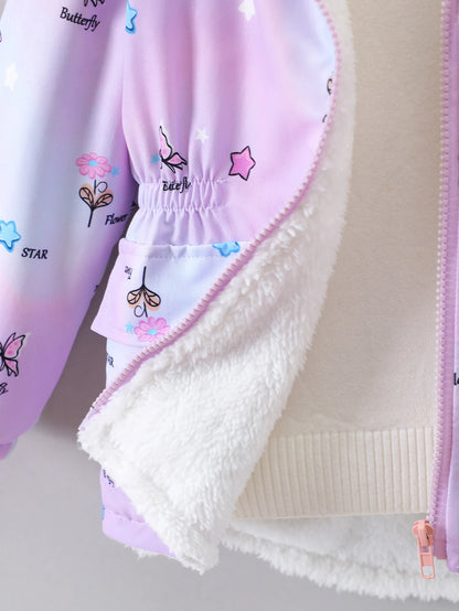Girls’ Plush Hooded Coat – Cartoon Print & Zipper
