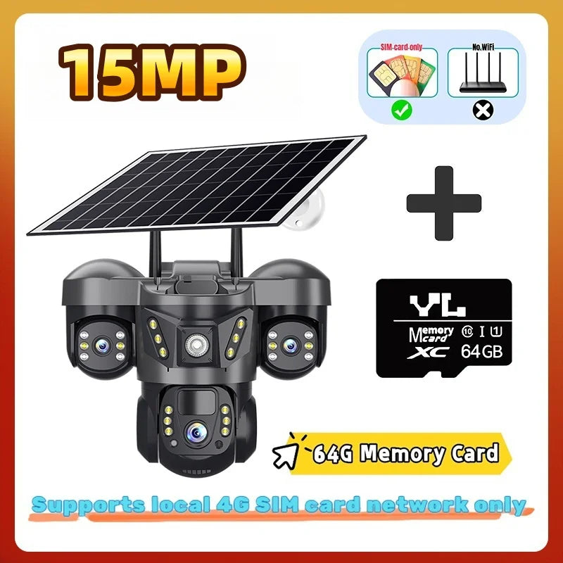 Triple Lens 15MP 4G Solar Security Camera | 10X Zoom | PIR Motion Detect