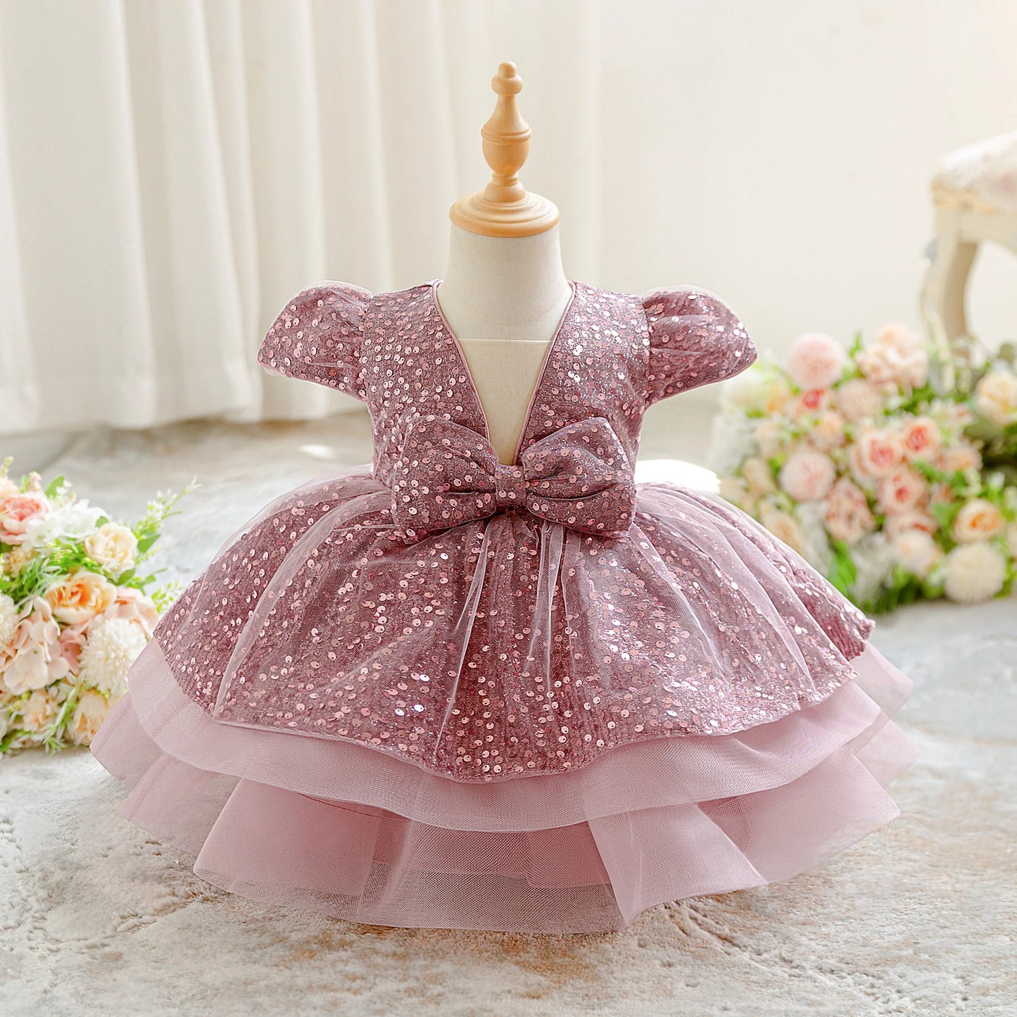 Baby Girl Party Dress – Elegant Sequin Bow Gown