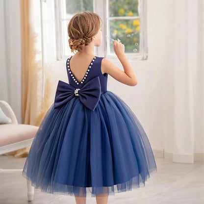 Kids Birthday Princess Dress with Bow & Pearls