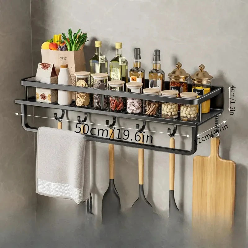 Wall-Mounted Kitchen Shelf & Spice Rack – Storage with Hooks & Towel Bar