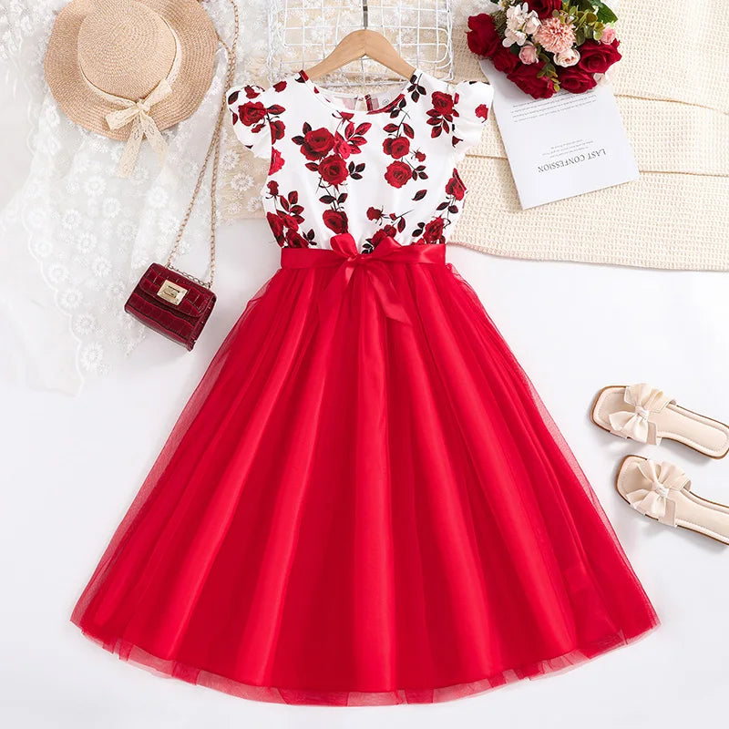 Girls' Floral Tulle Dress with Belt – Ages 8–12