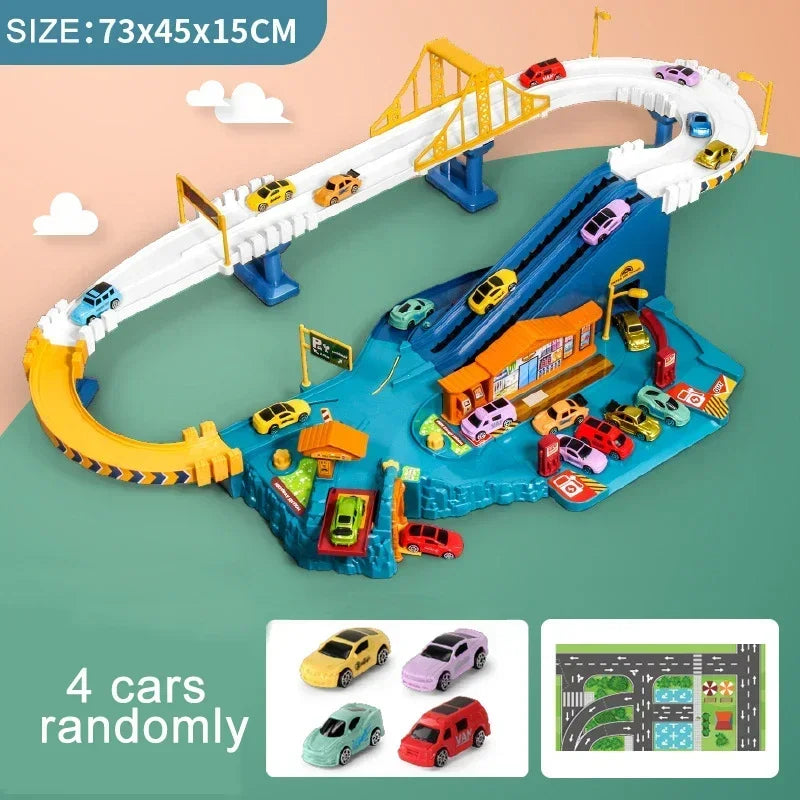 Electric Rail Car Dinosaur Adventure Set – Interactive Racing & Parking Lot for Kids!