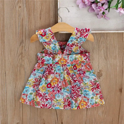 Girls’ Full Print Flower Halter Dress Outfit Set