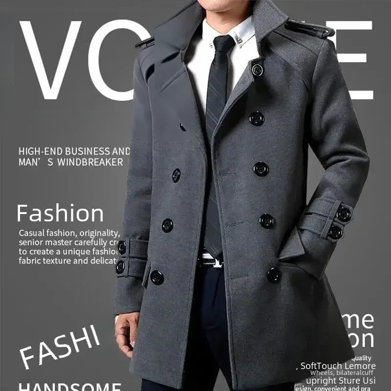 British Style Trench Coat for Men – Slim Fit Woolen Overcoat