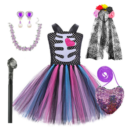 Girls Halloween Performance Outfit – Skull & Floral Tutu
