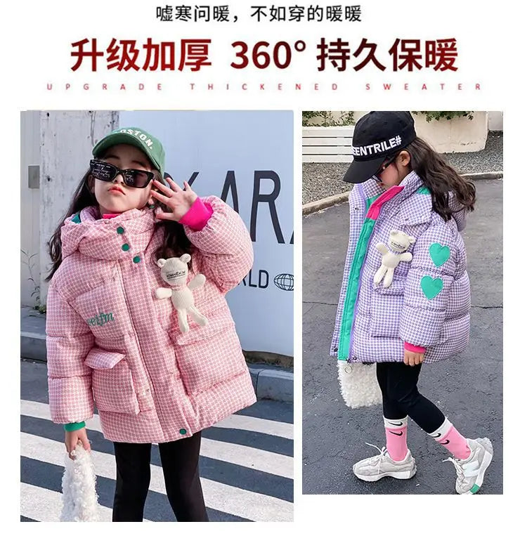 Warm Grid Design Jacket for Girls – Bonus Bear Toy 2025