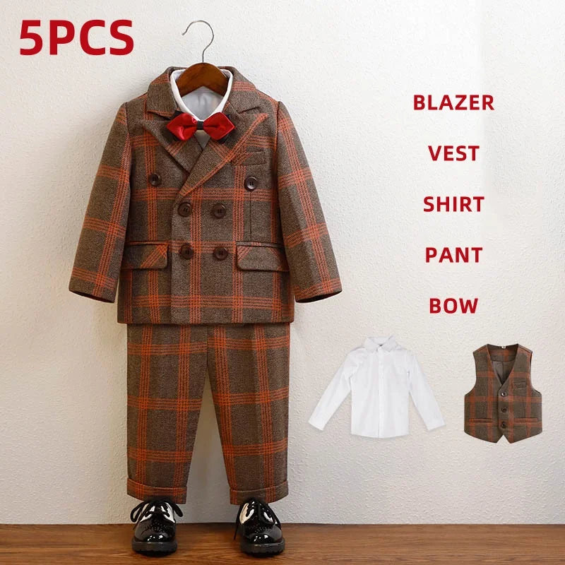 Kids’ Red Plaid Blazer Set – 1–10Y Boys’ Formal Performance Outfit