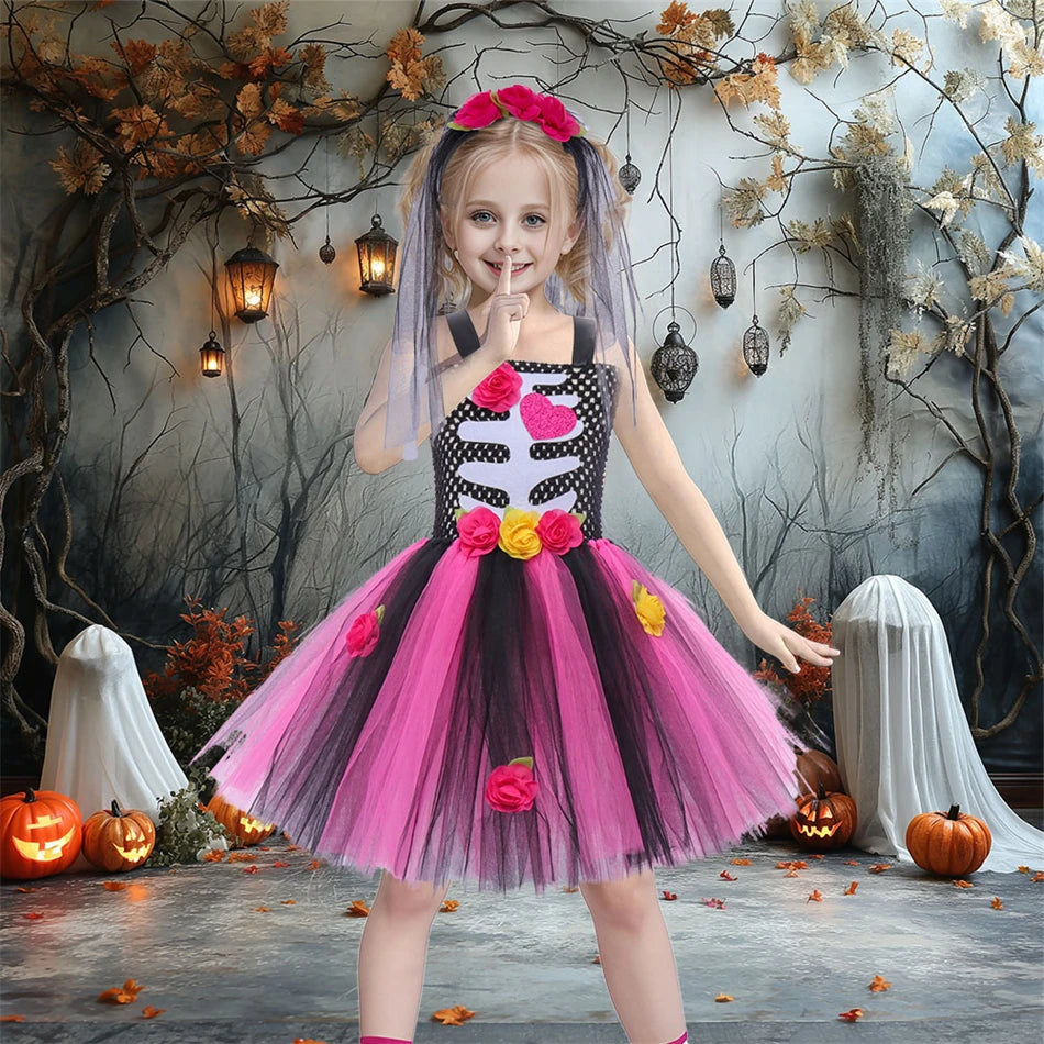 Girls Halloween Performance Outfit – Skull & Floral Tutu