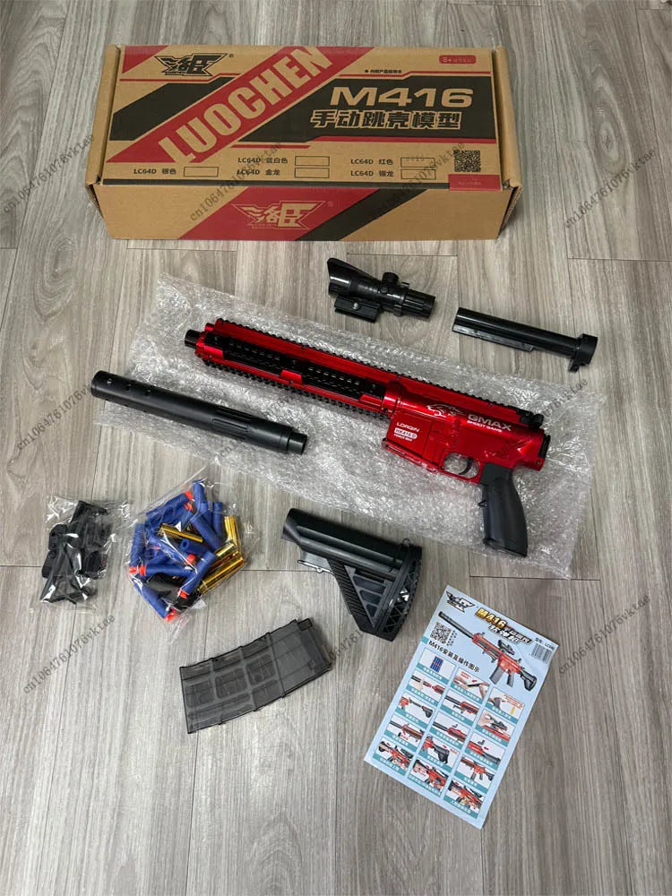 Ultra Shoppings M416 shell-throwing soft bullet AWM sniper toy gun with jump shell case, DIY assembly, and soft bullet projectiles.