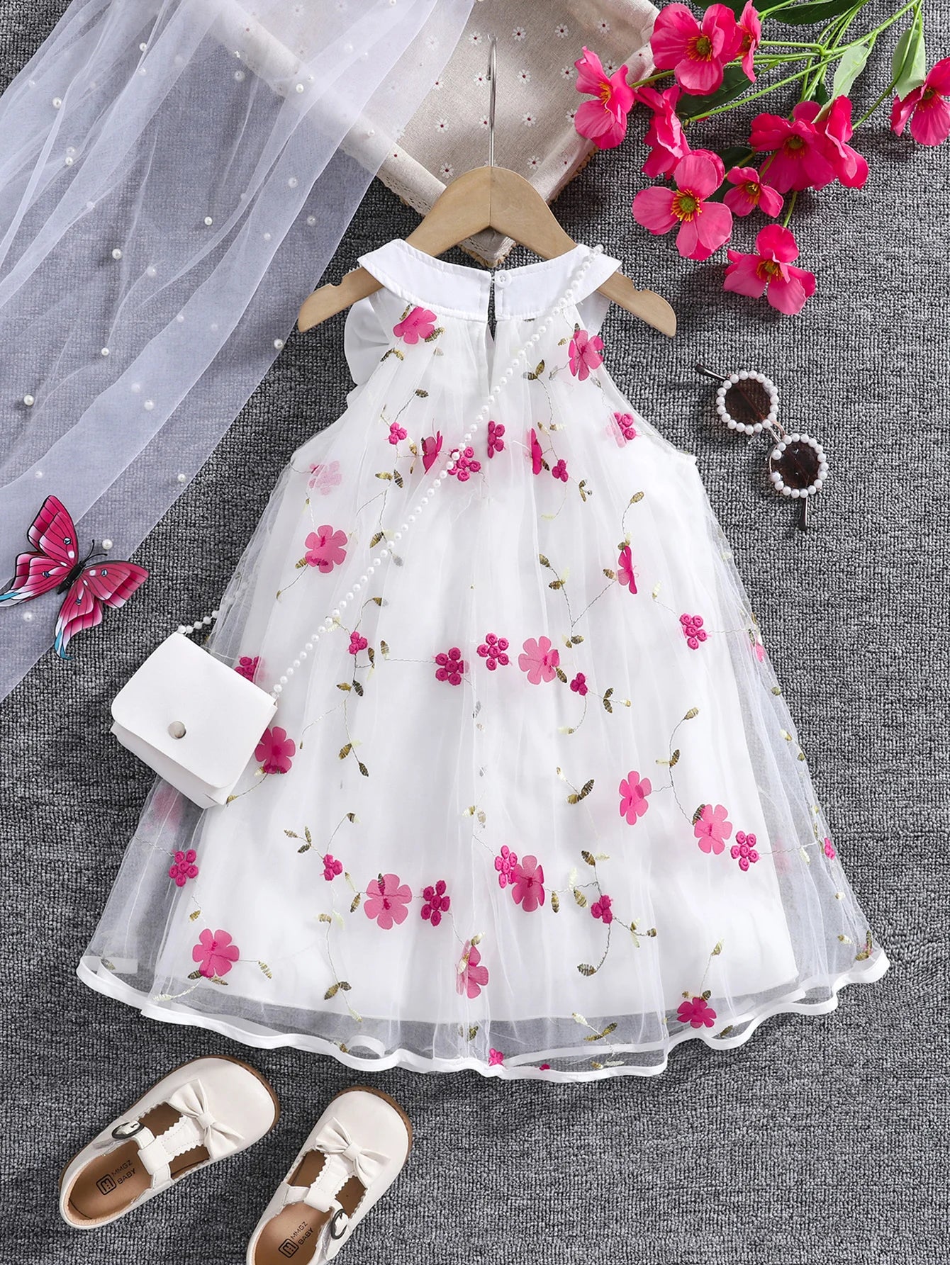 Girls' Summer Halter Dress with 3D Flowers & Bag