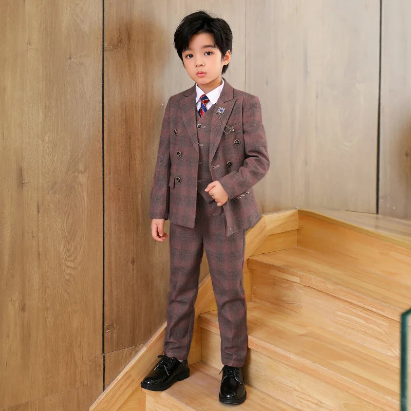 Boys’ 3-Piece Plaid Suit – Blazer, Vest & Pants (1–14Y)