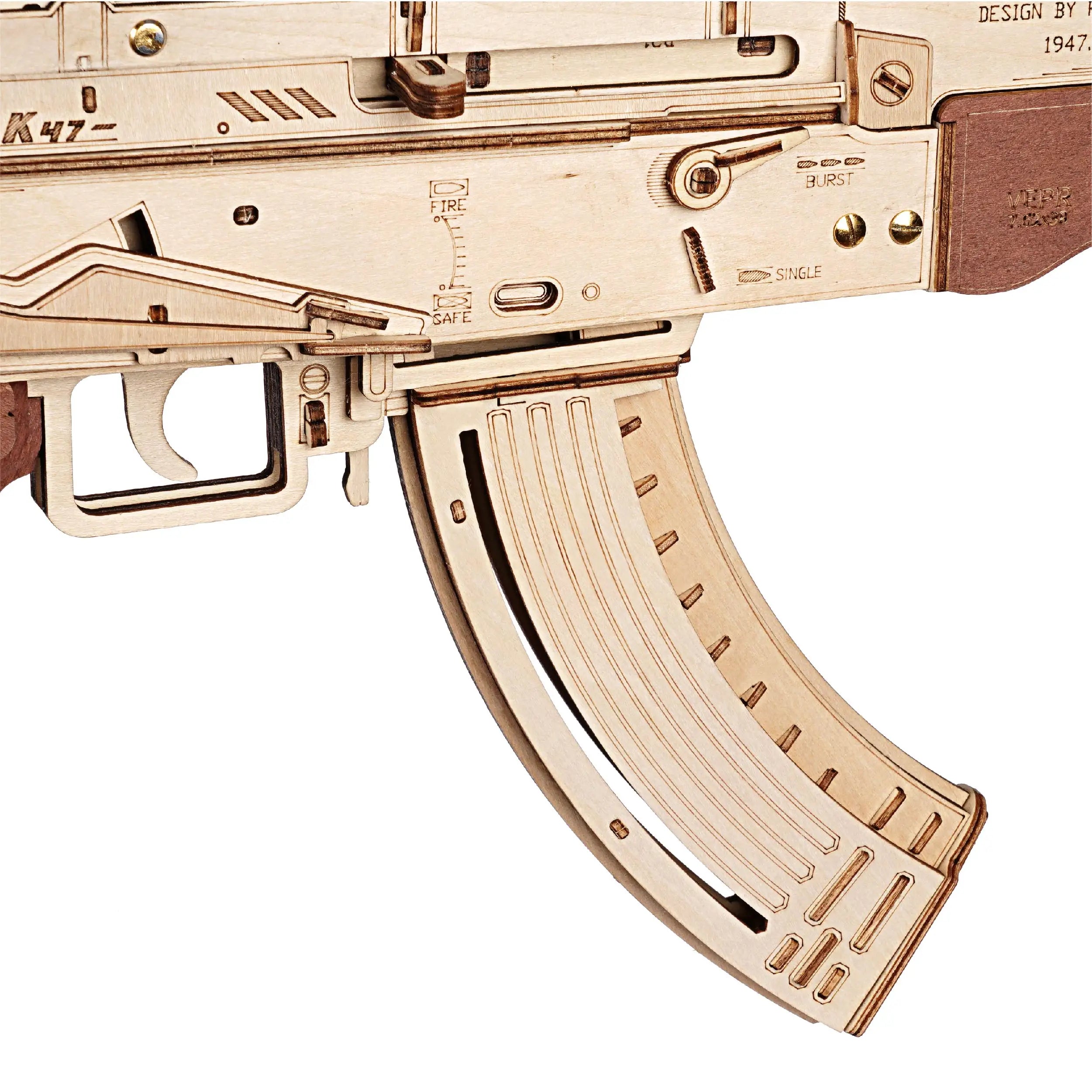Robotime Rokr AK47 3D wooden gun building block toy by Ultra Shoppings, featuring a detailed miniature replica of an automatic rifle.