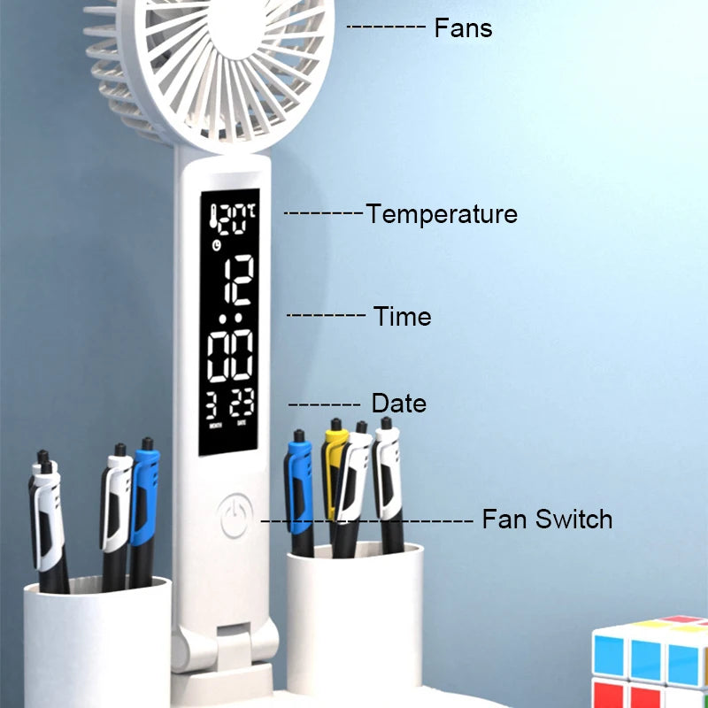 Rechargeable LED Table Lamp: Study Light with Fan & Clock Display