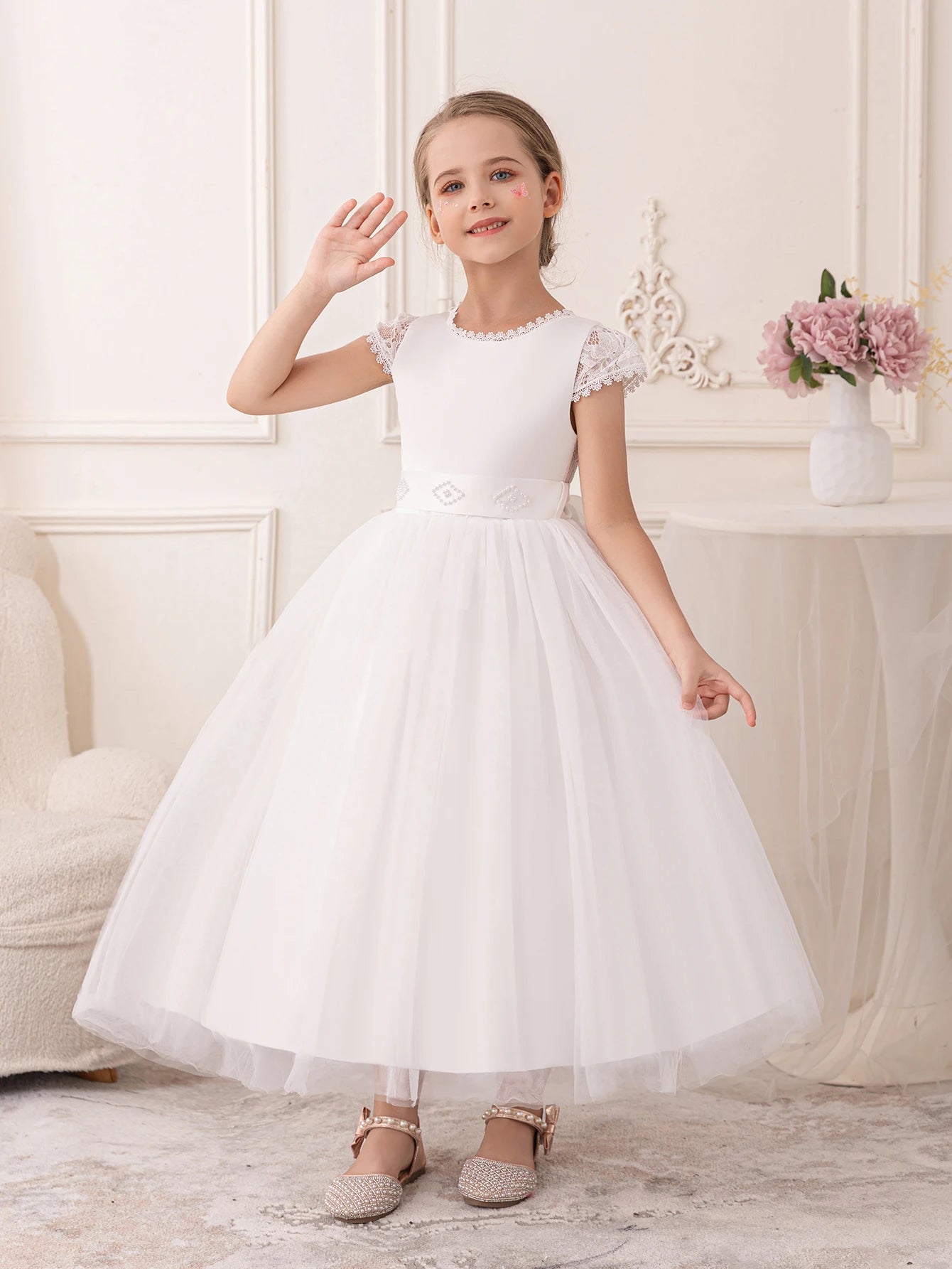Girls’ Long White Gauze Lace Party Dress