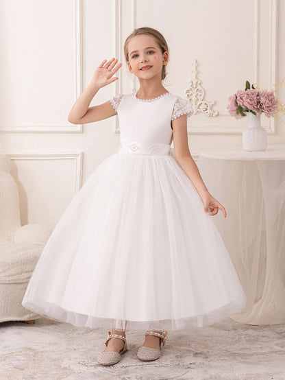 Girls’ Long White Gauze Lace Party Dress