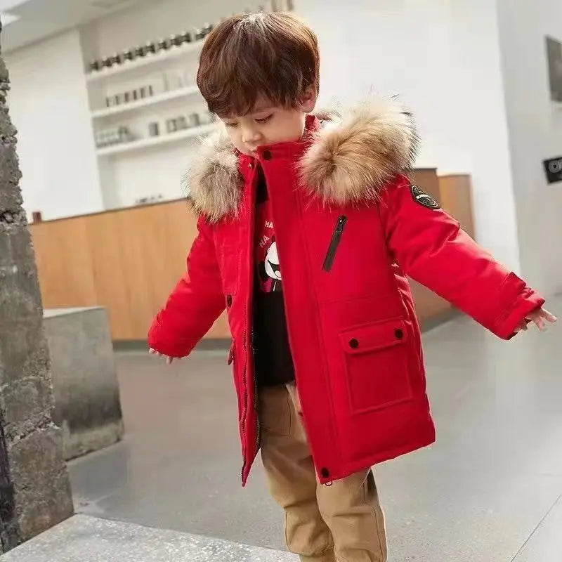 Kids’ Padded Winter Jacket – Thick Fur Collar Hooded Parka, Warm Cotton Coat for Boys & Girls