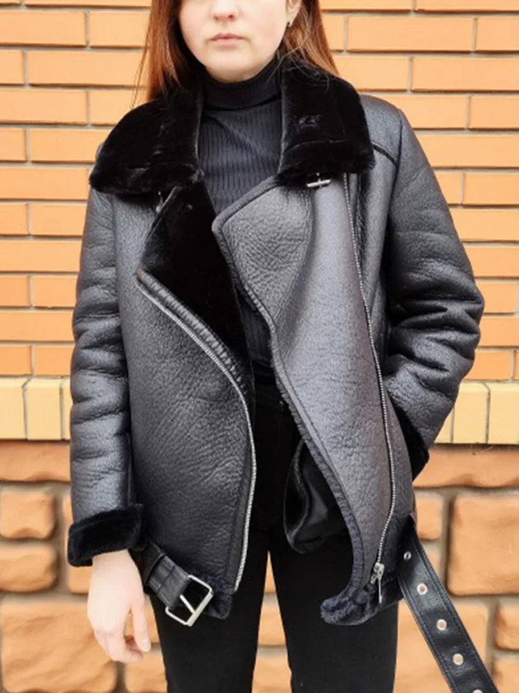 Thick Faux Leather Fur Coat – Winter Aviator Style