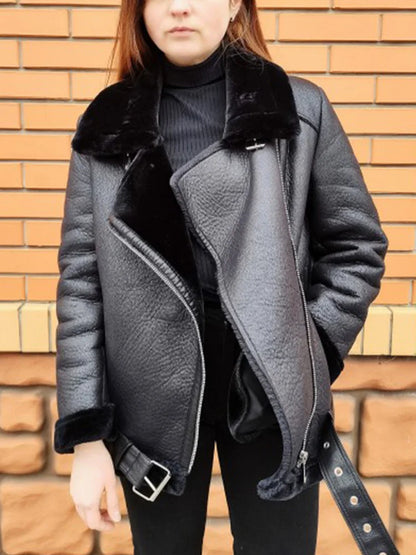 Thick Faux Leather Fur Coat – Winter Aviator Style