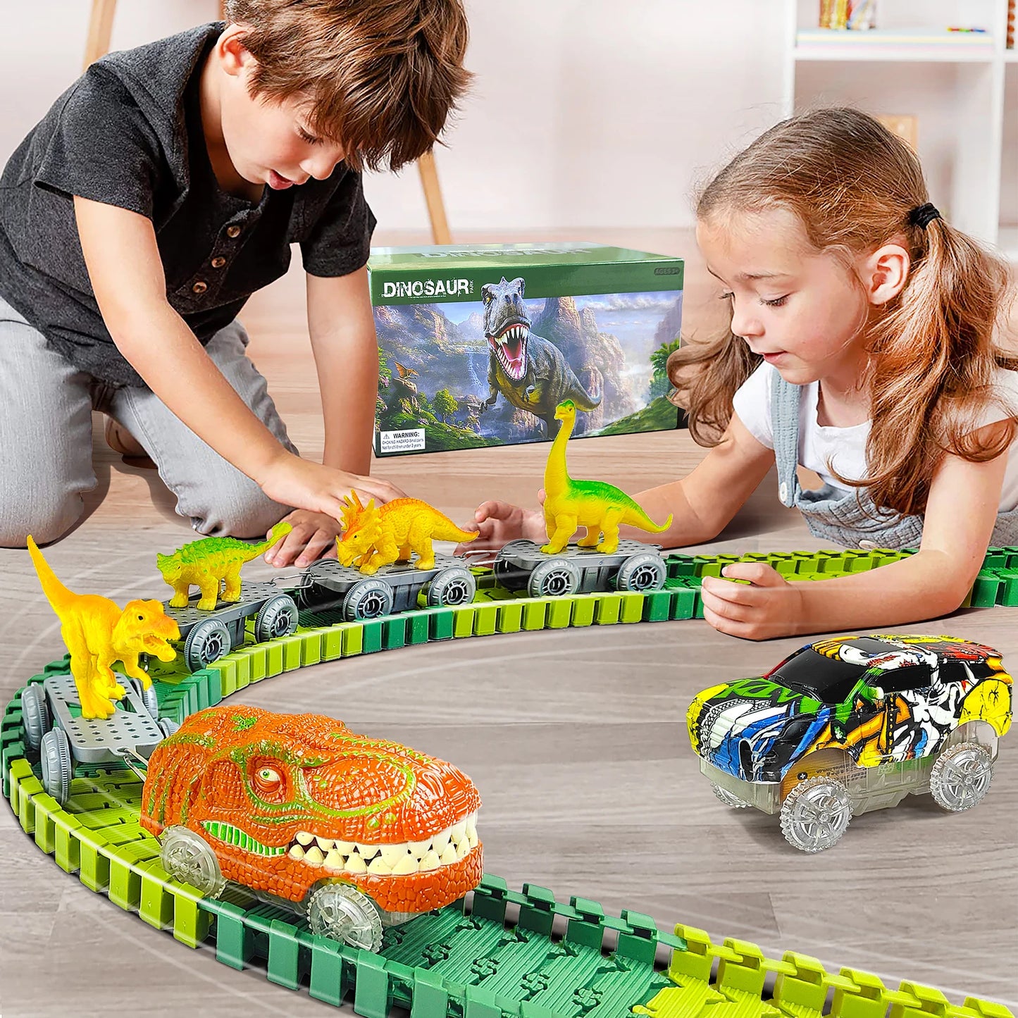 Magical Dinosaur Train Track Set – Flexible Racing Tracks with Flash Light Car!