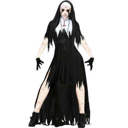 Chilling 4-Piece Nun Costume – Scary Mother Cosplay for Halloween Fun!