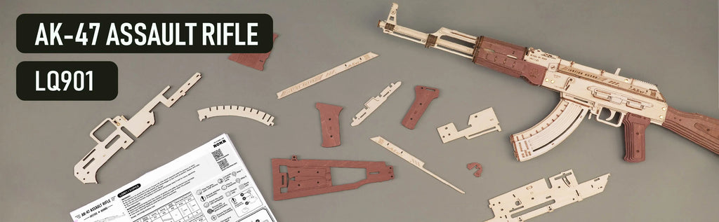 Robotime Rokr AK47 3D wooden gun building block toy, detailed DIY puzzle model for kids and adults, justice guard design.