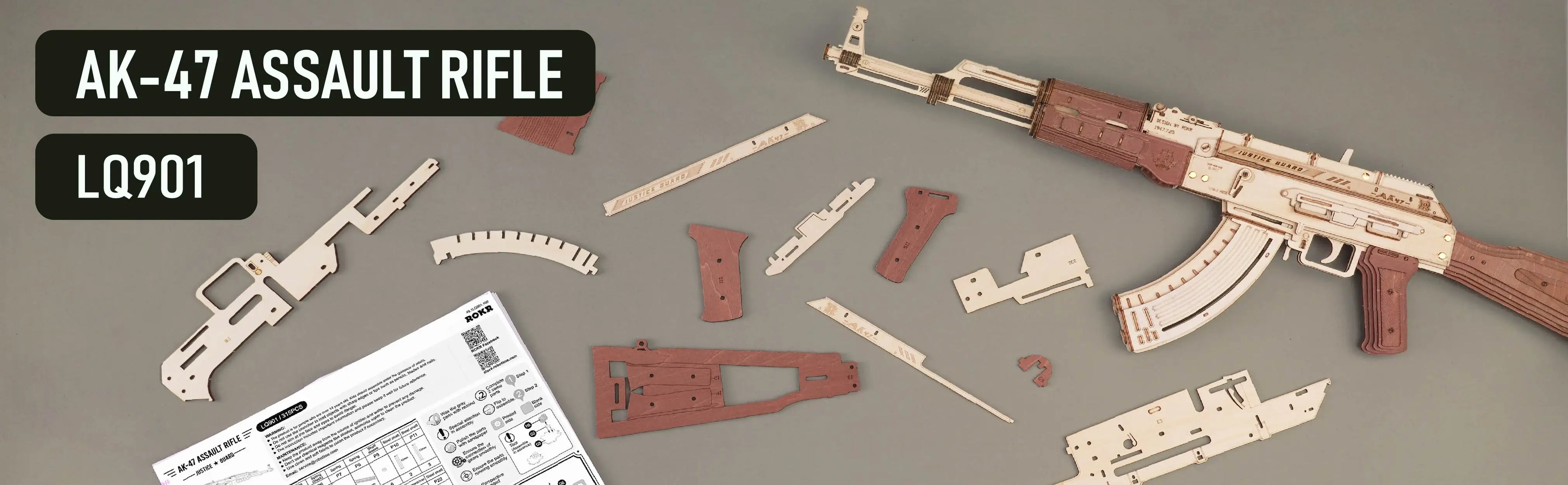 Robotime Rokr AK47 3D wooden gun building block toy, detailed DIY puzzle model for kids and adults, justice guard design.