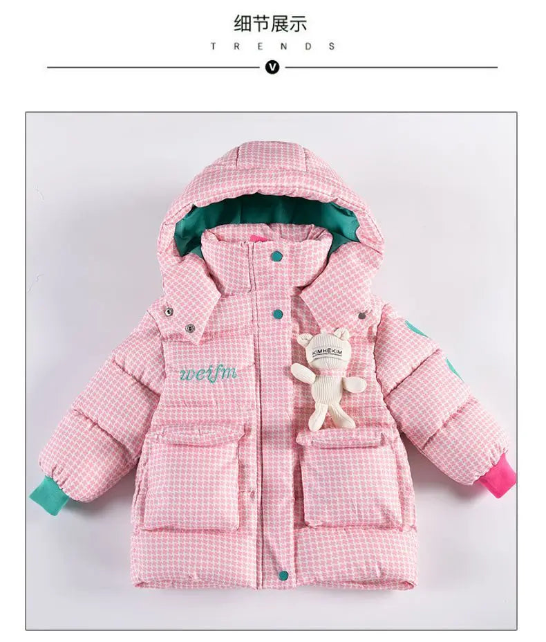 Warm Grid Design Jacket for Girls – Bonus Bear Toy 2025