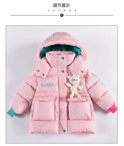 Warm Grid Design Jacket for Girls – Bonus Bear Toy 2025
