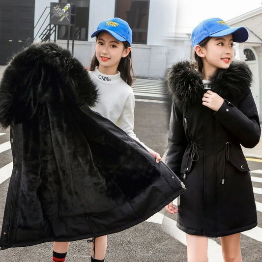 Girls’ Hooded Parka – Fur Collar & Thick Velvet Winter