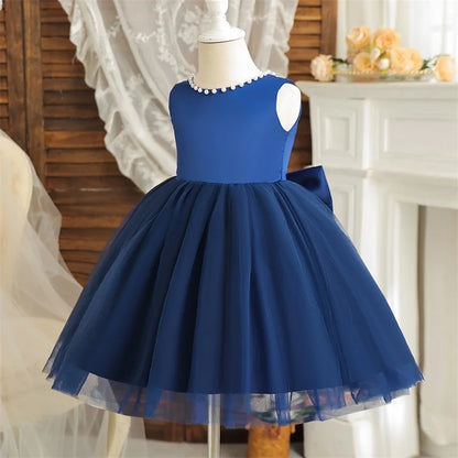 Kids Birthday Princess Dress with Bow & Pearls