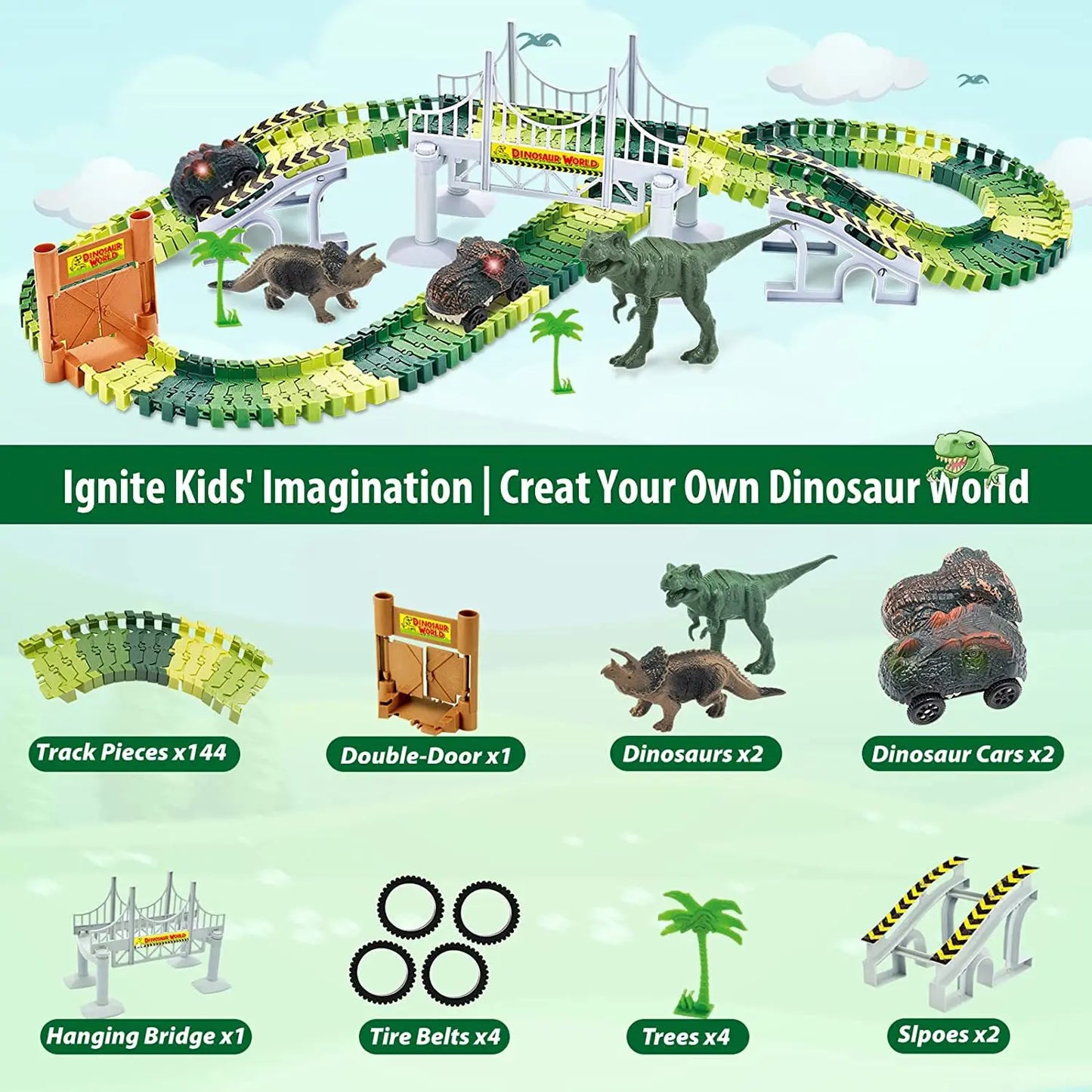 156-Piece Dinosaur Railway Track Toy Set – DIY Race Adventure for Kids!