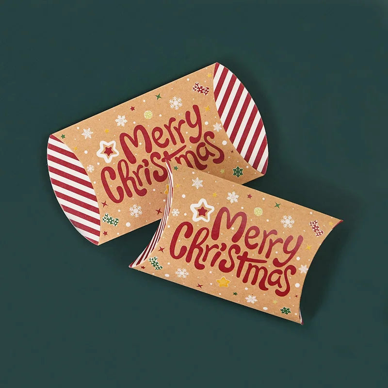 10pcs Christmas Pillow-Shaped Gift Boxes – Kraft Paper Candy & Cookie Packaging