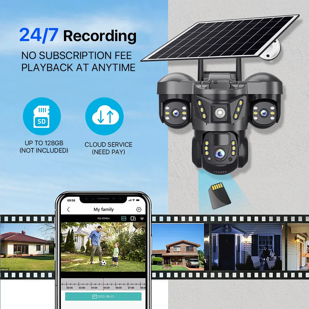 Triple Lens 15MP 4G Solar Security Camera | 10X Zoom | PIR Motion Detect