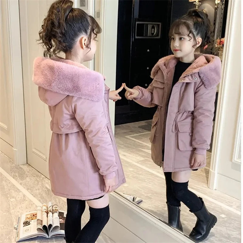 Teen Girls’ Winter Coat – Fur Collar Velvet Jacket with Hood