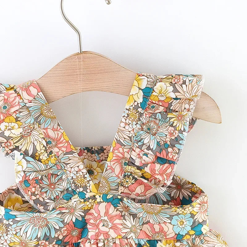 Girls’ Full Print Flower Halter Dress Outfit Set