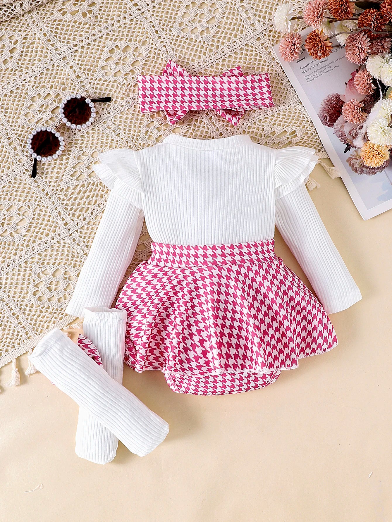 2PCS Autumn Set for Baby Girls – Black Top, Houndstooth Skirt & Hair Band