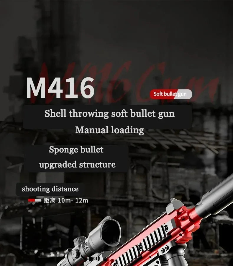 Ultra Shoppings M416 toy gun with soft bullet shells, suction cup darts, manual loading children's assault rifle for boys.