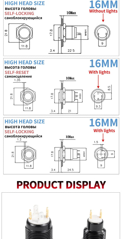 1NO High-Head Waterproof Metal Push Button Switch – LED Light, Self-Locking, 8-16mm