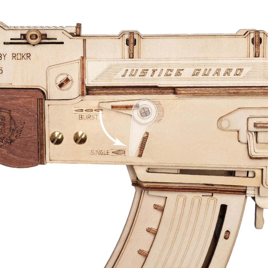 Robotime Rokr AK47 wooden building block toy, a DIY 3D puzzle gun model for kids and adults, Justice Guard themed.