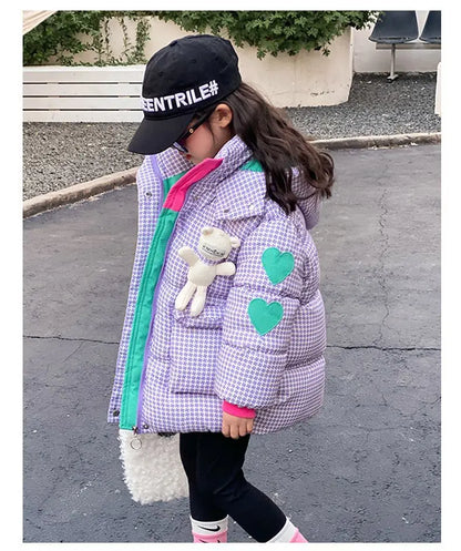 Warm Grid Design Jacket for Girls – Bonus Bear Toy 2025