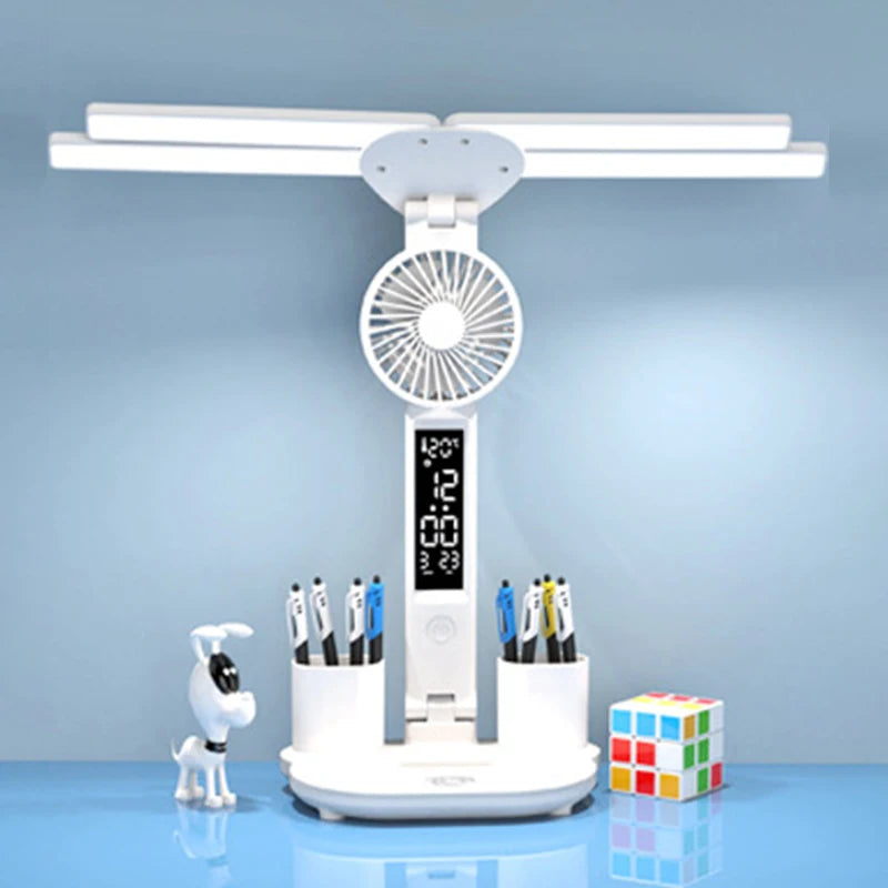 Rechargeable LED Table Lamp: Study Light with Fan & Clock Display