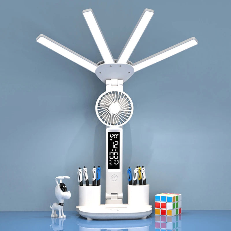 Rechargeable LED Table Lamp: Study Light with Fan & Clock Display