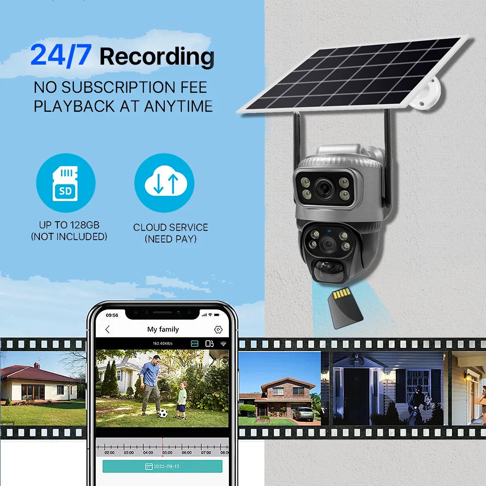 8MP 4K Solar Security Camera | 4G/WiFi | Dual Lens | PIR Motion | Night Vision