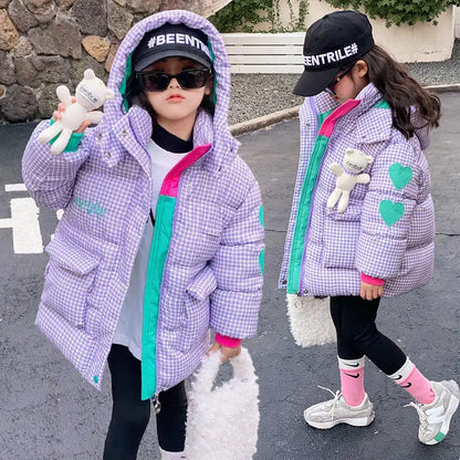 Warm Grid Design Jacket for Girls – Bonus Bear Toy 2025