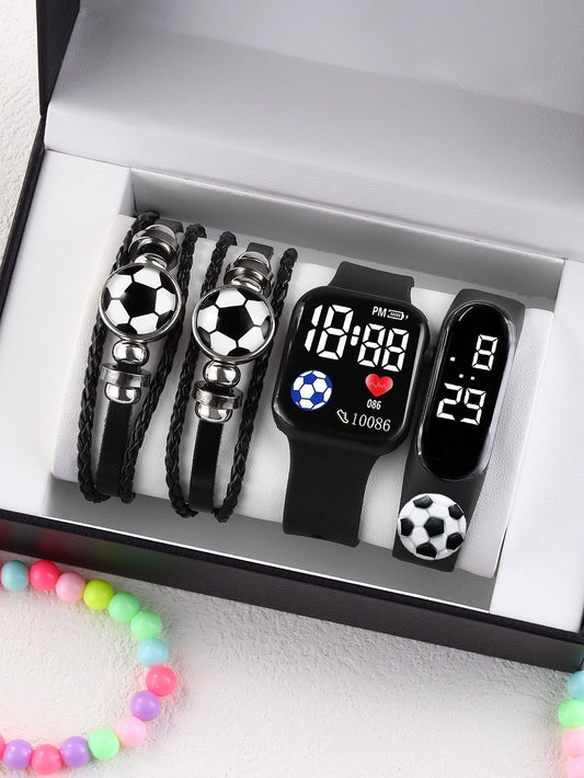 Sports Silicone Electronic Watch & Football Leather Bracelet Set – Euro Football Gift for Fans