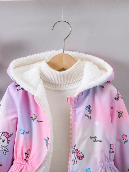 Girls’ Plush Hooded Coat – Cartoon Print & Zipper