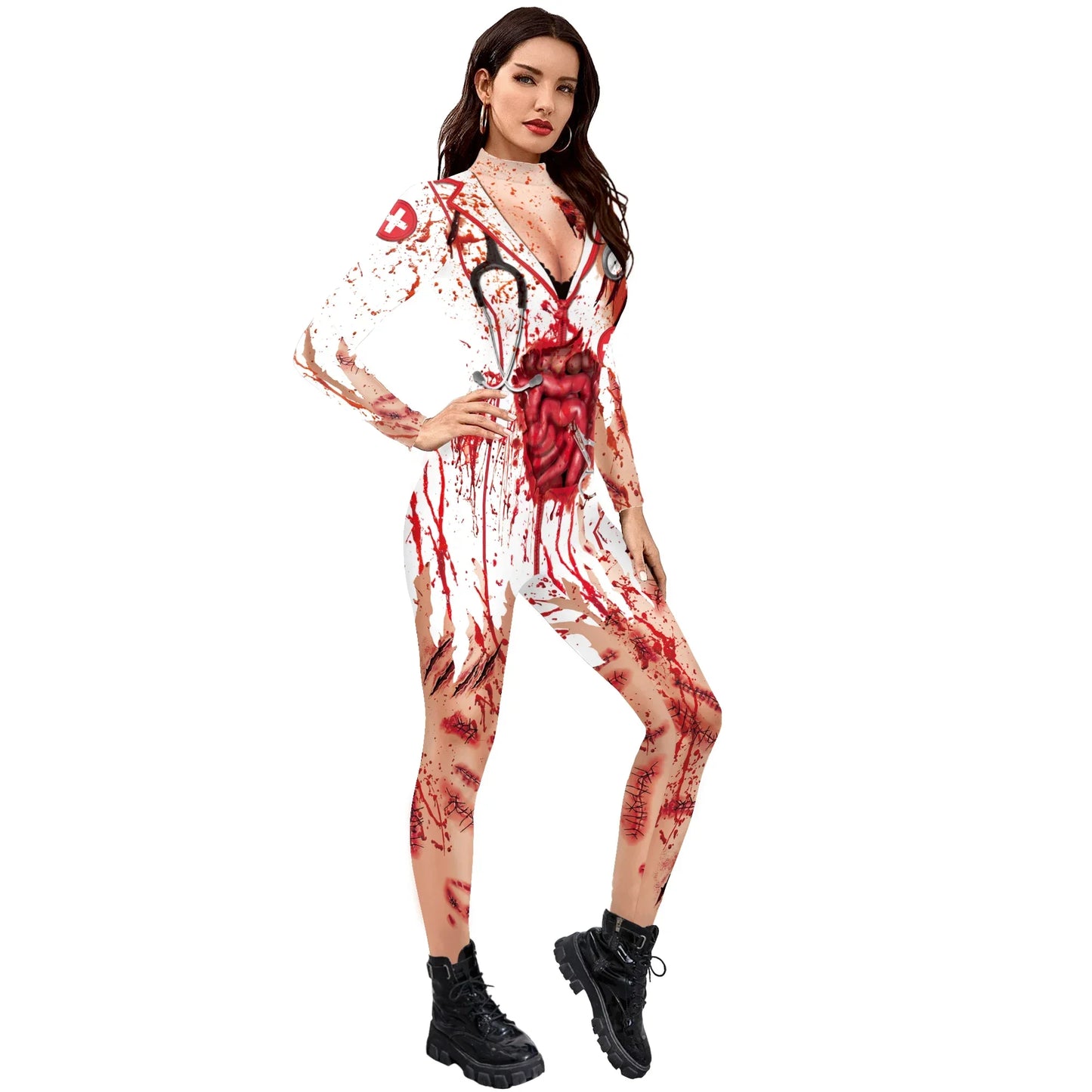 Scary Nurse Cosplay Costume – Blood-Print Slim Bodysuit for Party