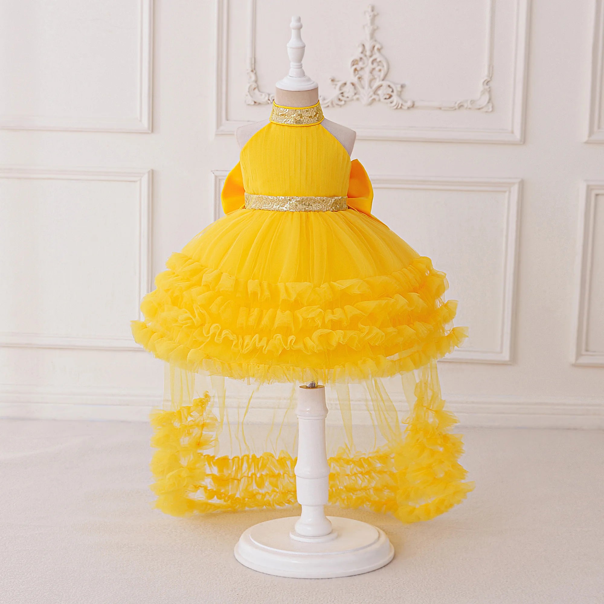 Elegant Baby Party Dress – Sequin Princess Gown with Big Bow & Train